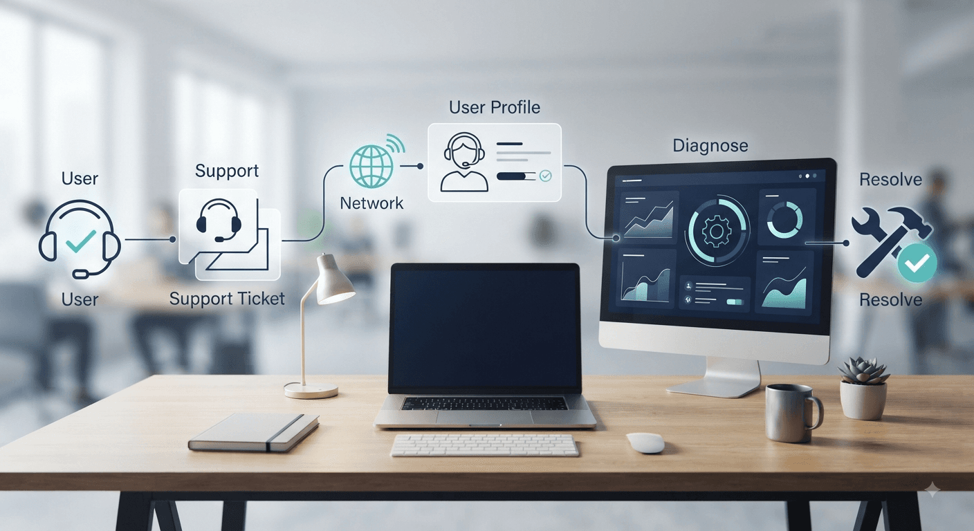 Illustration representing user support, troubleshooting and service desk work